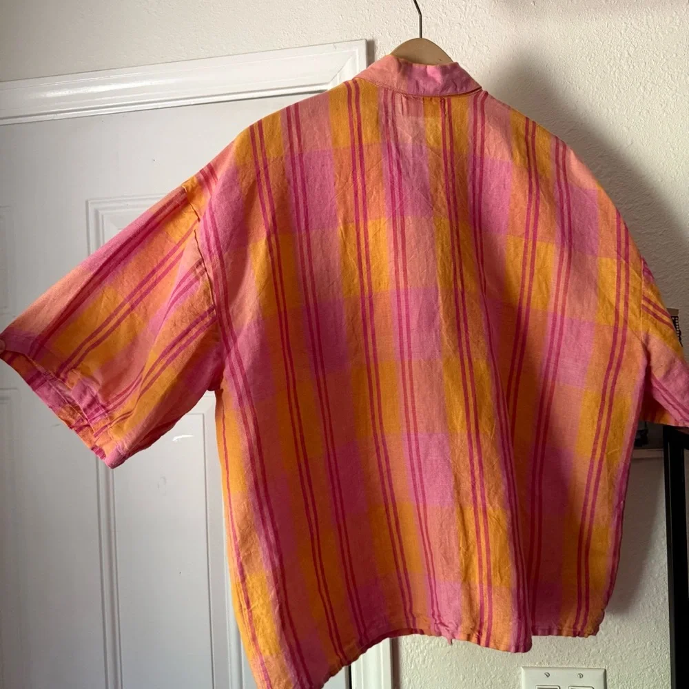 KINGA CSILLA pink orange citrus plaid gingham boxy cropped button up shirt - Picture 4 of 5